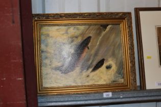 P. Casemoor, "Jumping Salmon", signed oil on canva