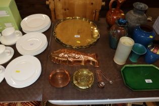 Two Oriental decorated brass trays; a jelly mould