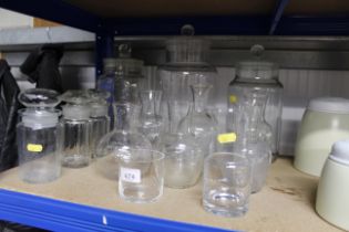 Various vintage glass storage jars, carafes etc.
