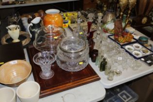 Three glass decanters, a scent bottle, numerous sa
