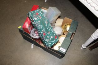 A box of various kitchenalia, candles etc