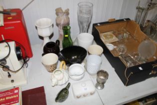 A glass ale boot, various vases, novelty teapot et