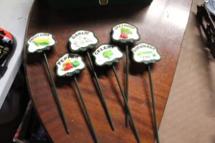 Six painted cast iron vegetable markers (184)