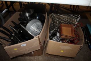 Two boxes of various kitchen ware to include fryin
