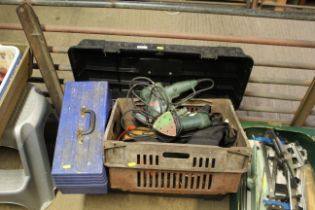 A plastic tool box containing a Bosch sander; a Bo