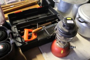 A hanging lantern, plastic tool box and contents o