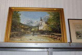 An oil on canvas Austrian mountain scene with chur