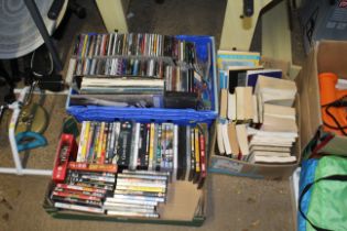 Two boxes of various CDs; DVDs and a box of paperb