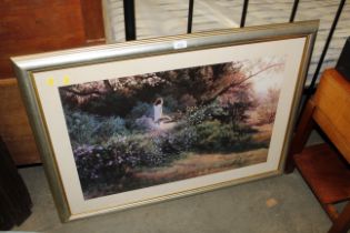 A large photographic print depicting a girl picking flowers