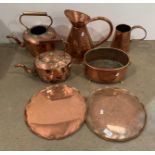 Seven assorted copper items including jugs, kettles, trays,