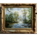 N J Baldwin framed oil on canvas 'river meandering through a wood',