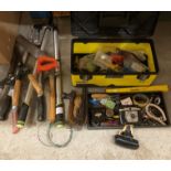 Stanley 51cm metal tool box with tray and assorted hand tools and four assorted gardening hand