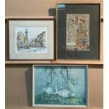 A small framed print of Otley centre, a Gustav Klimpt framed print and one of a swan (3).