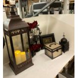 Six assorted display items including large battery operated candle,