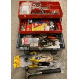 Grey plastic tool box with two internal lift up sections and contents - assorted hand tools,