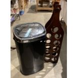 A wooden freestanding eleven bottle wine rack and a Dihl tall metal kitchen bin with battery