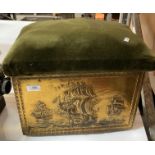 A brass framed log bucket with green upholstered seat (saleroom location: F11)