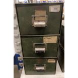 Three green metal single drawer index cabinets (saleroom location: F07)