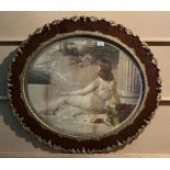 Large gilt and wood framed oval print 'girl with doves in a classical setting',