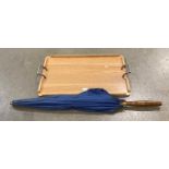 Large oak serving tray 72cm x 46cm with silver plated handles and large blue fabric umbrella