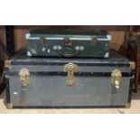 A tin coated travel trunk with lift top 91cm x 51cm x 36cm and an Astral vintage aluminium coated