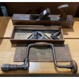 2 1/8 17" wooden box plane and drill brace by J.A. Chapman, Sheffield and a Starrett No.