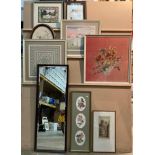 Nine items - embroidered pictures and mirrors (saleroom location S2)