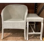 White painted Lloyd Loom tub armchair and a white painted Lloyd Loom stool (saleroom location: kit