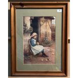 G E Wilson a pine framed print 'young girl with chicks',