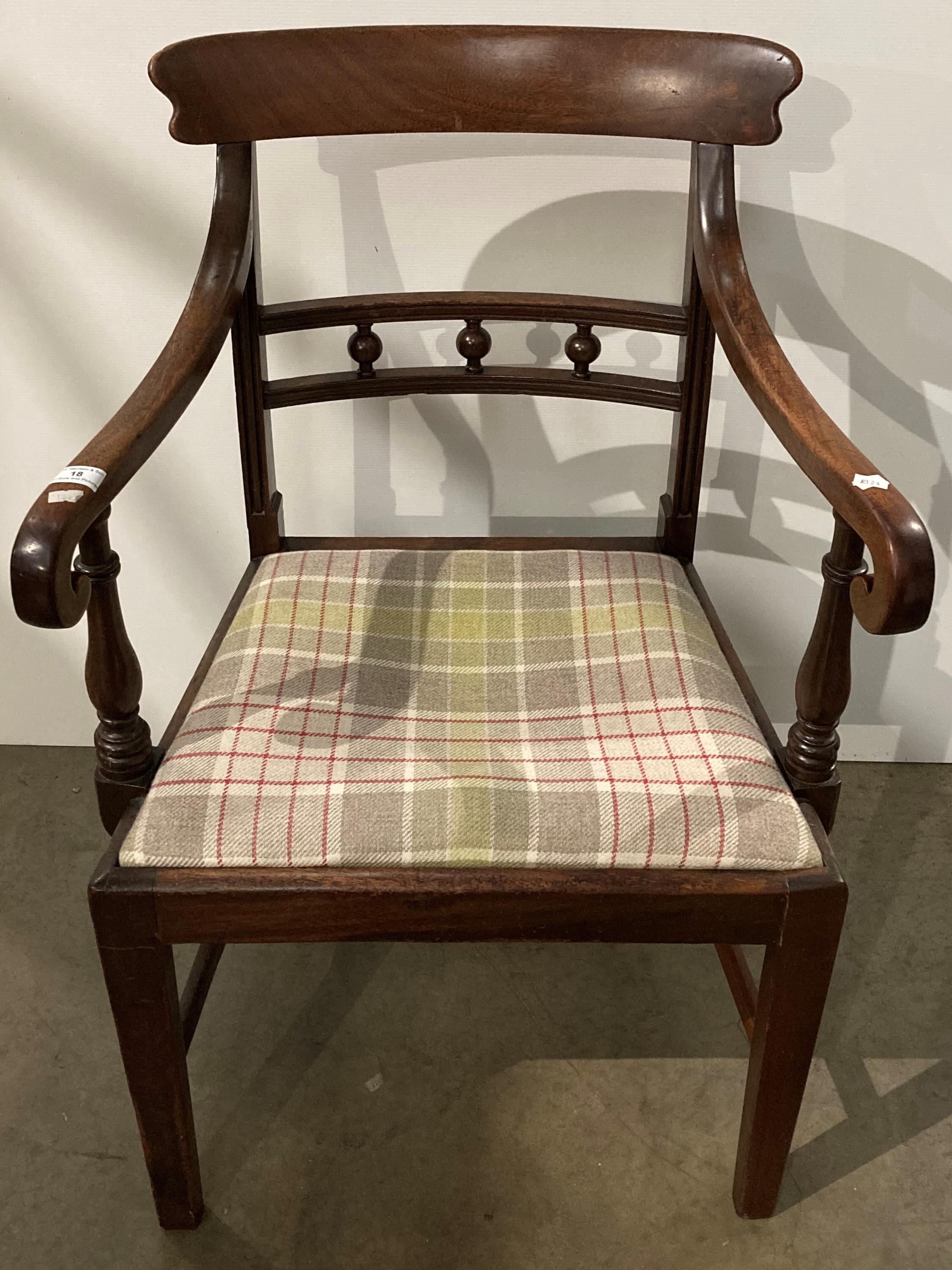 Oak carver armchair with tartan upholstered seat pad (saleroom location: kit area)
