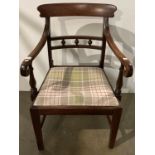 Oak carver armchair with tartan upholstered seat pad (saleroom location: kit area)