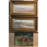 Two small gilt framed watercolours 'Sheep in Moorland' each 18cm x 46cm (one loose in frame and