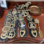 Four sets of horse brasses on leather and six other brass items (saleroom location: outside S3)