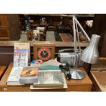 Contents to box - brushed steel angle poise lamp, Alba DAB radio, place mats, DVDs, clock,