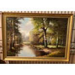 Large framed oil on canvas 'River in Woodland',
