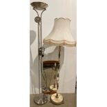 Two standing lamps (one brass and marble/onyx and one chrome) and a teak top and bottom framed