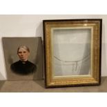 Vintage mahogany and gilt picture frame with print of Victorian lady, 70cm x 60.