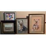 Two framed prints of Yorkshire Terriers by Pollyanna Pickering and Brian Hupfield and two other