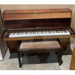 Hupfeld 'Carmen' iron framed upright piano in teak case 146cm complete with lift top stool and