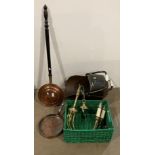 Copper coal scuttle and bed pan,