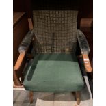 Pine framed seventies reclining armchair in green fabric [Please note - the upholstery in this lot