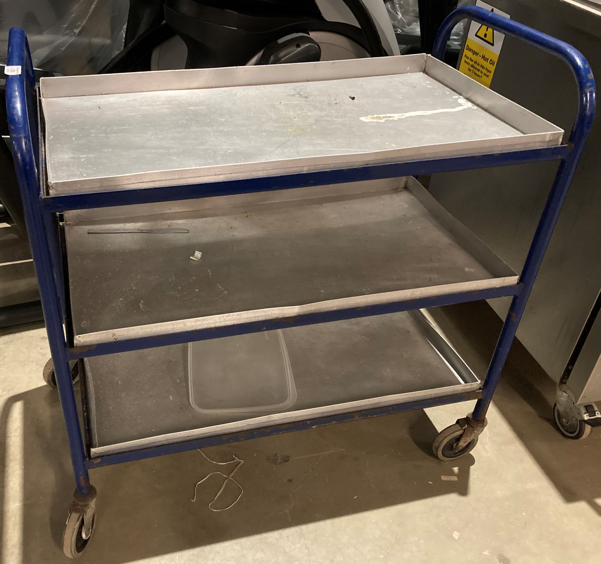 Blue and stainless steel 3 tier mobile serving trolley Further Information ***