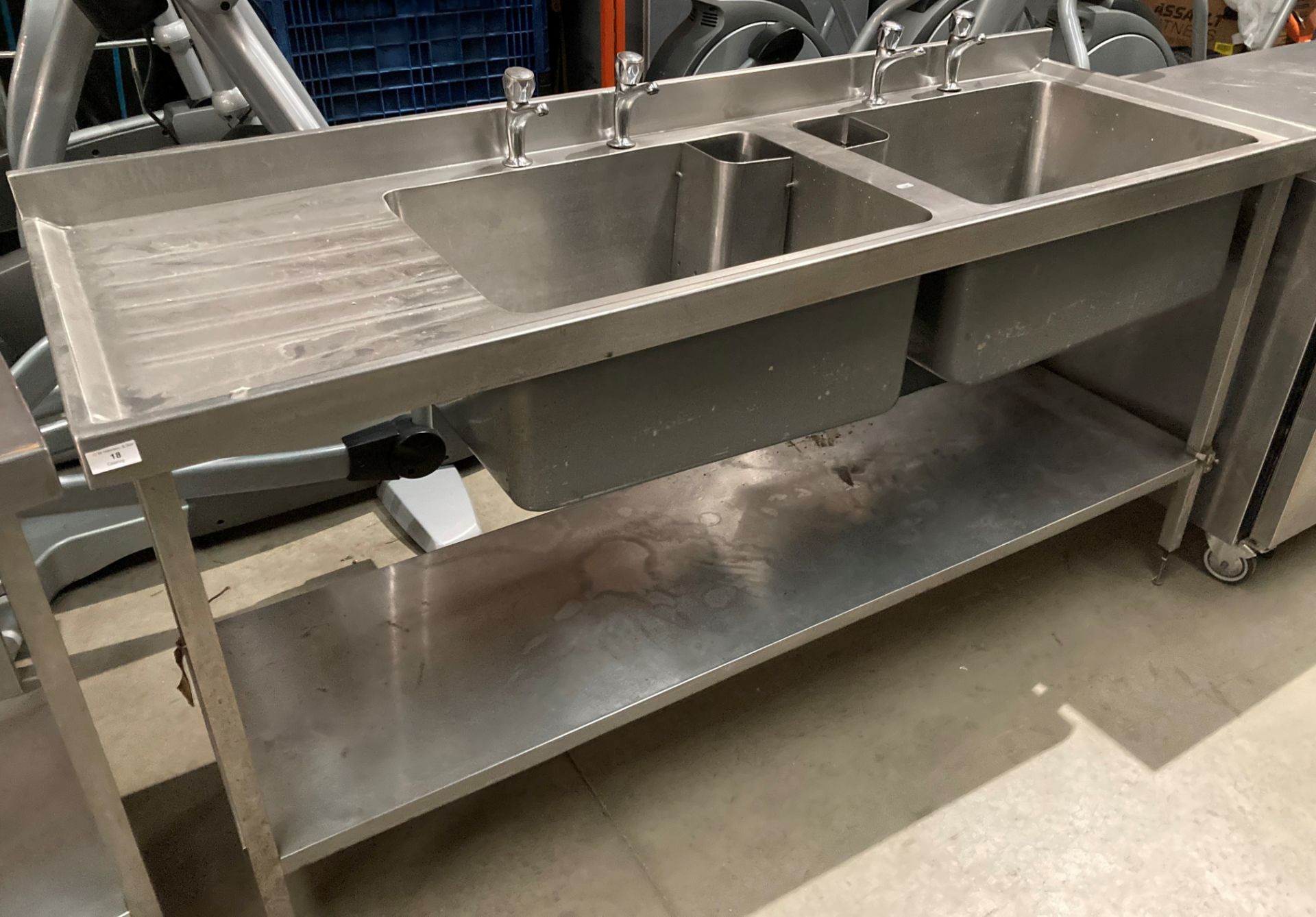 Stainless steel twin bowl LHD commercial sink complete with taps and undershelf 189cm x 60cm x 92cm