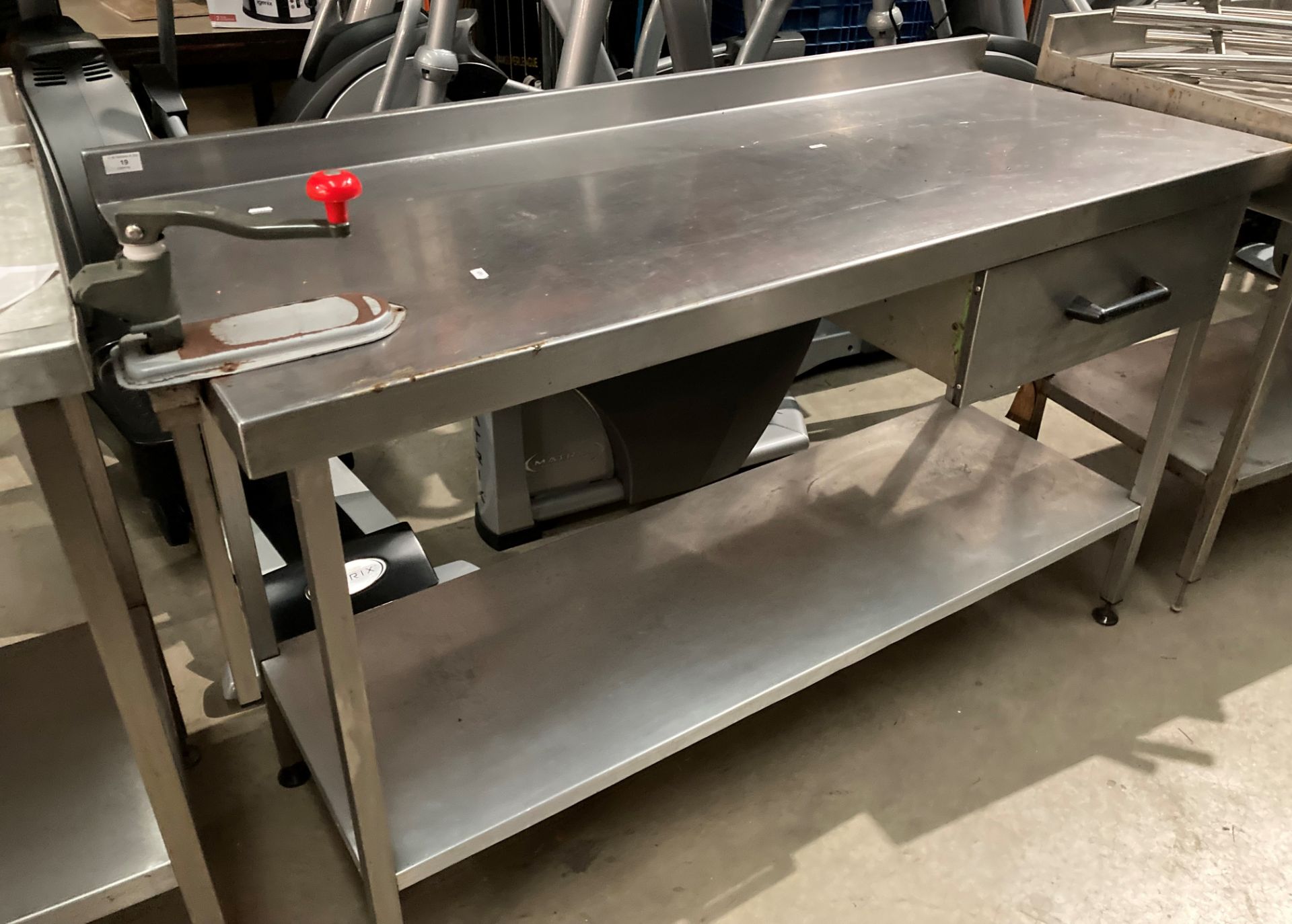 Stainless steel single drawer preparation table complete with commercial can opener and undershelf