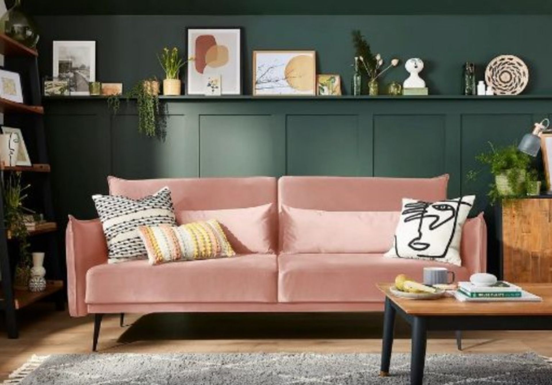 Sutton Sofa Bed Blush. Dimensions: (Sofa-H88x W208x D86cm, Bed-H45x W115x D188cm).