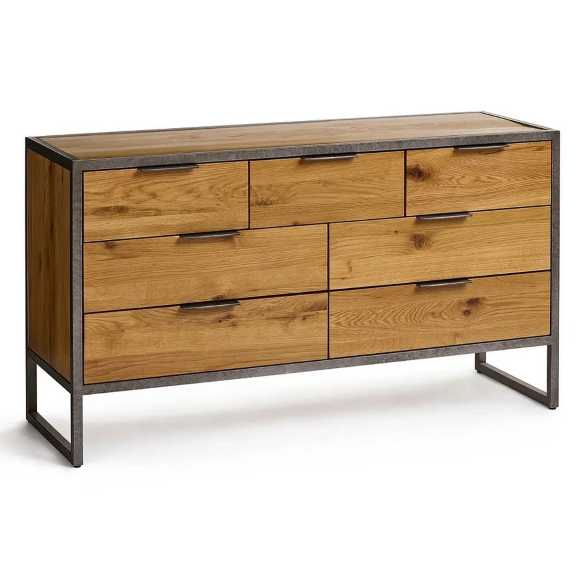 Brooklyn Natural Solid Oak And Metal 7 Drawer Chest. Dimensions: (H78x W140x D45cm).