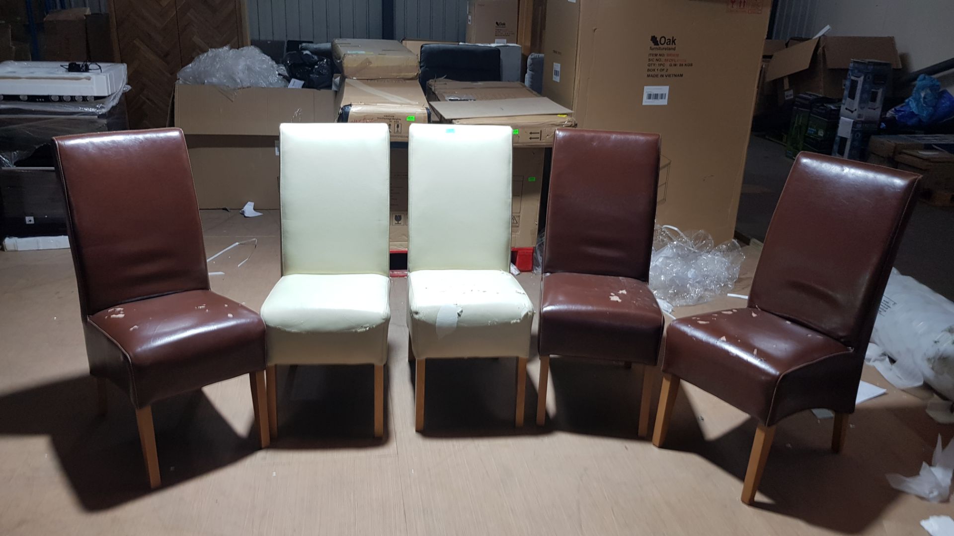 5 x Faux Leather Dining Chair. (3x Brown, 2x Cream). (H102x W44x 54cm Approx).