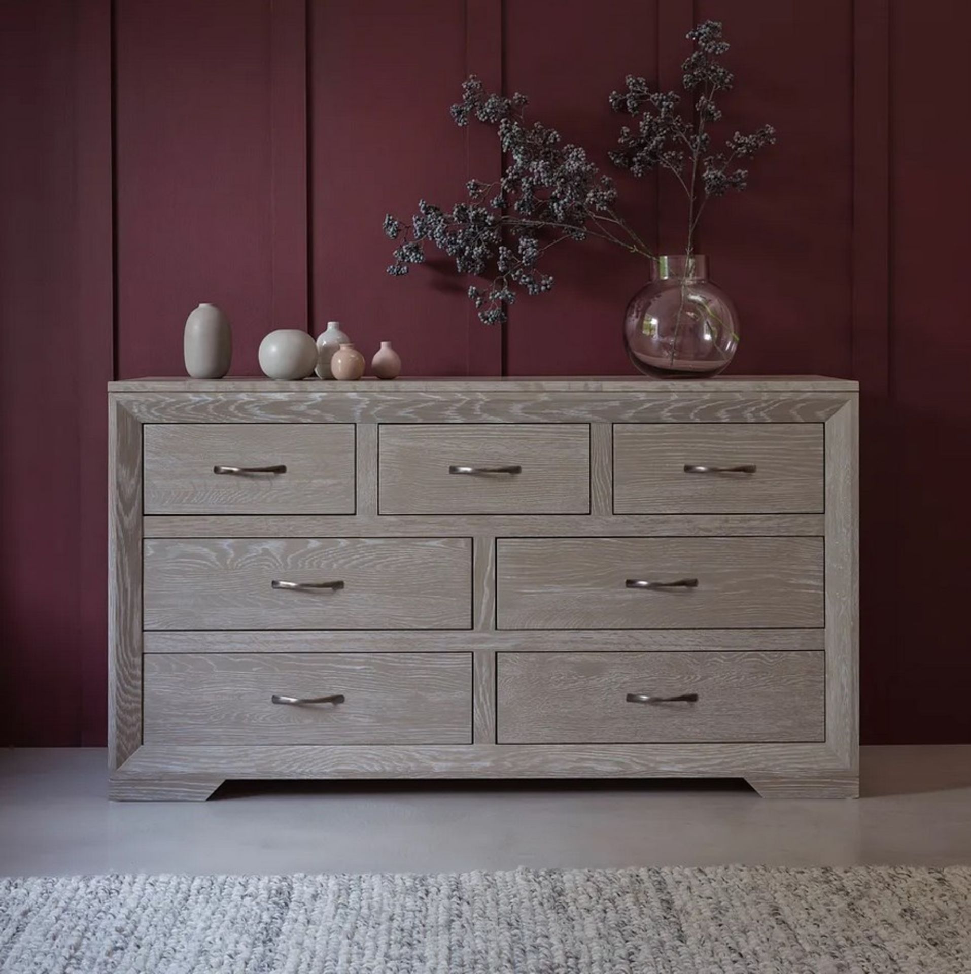 Willow Solid Oak With Grey Wash 7 Drawer Chest. Dimensions: (H78x W140x D45cm).