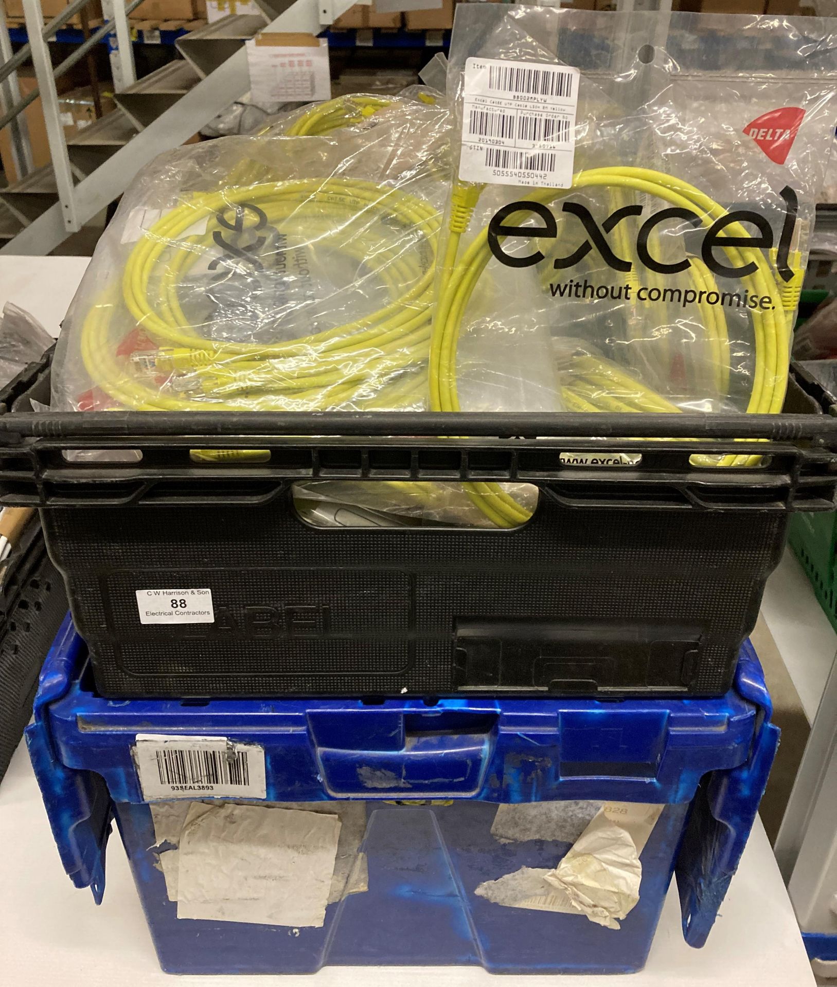 Contents to 2 baskets - approx 290 Excel Cat5e 2 metre UTP patch cables in lime (Saleroom