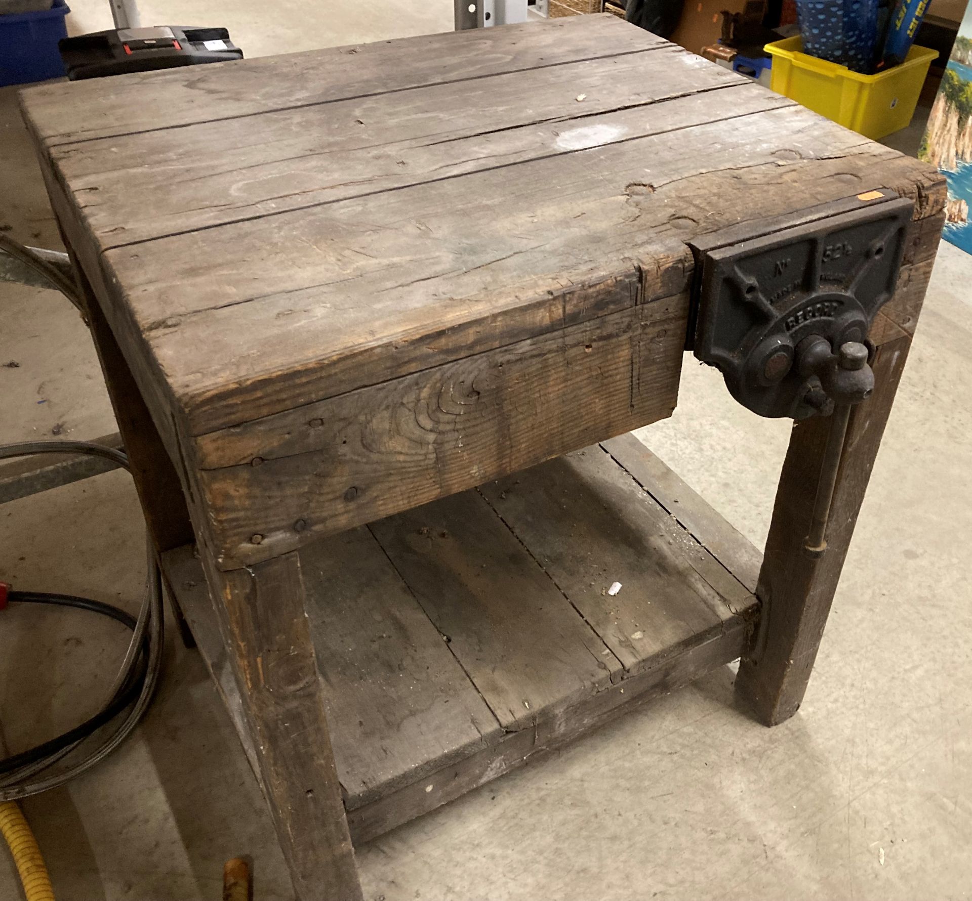 Small wooden work bench fitted with a record 52 1/2 vice (Saleroom location: END T)